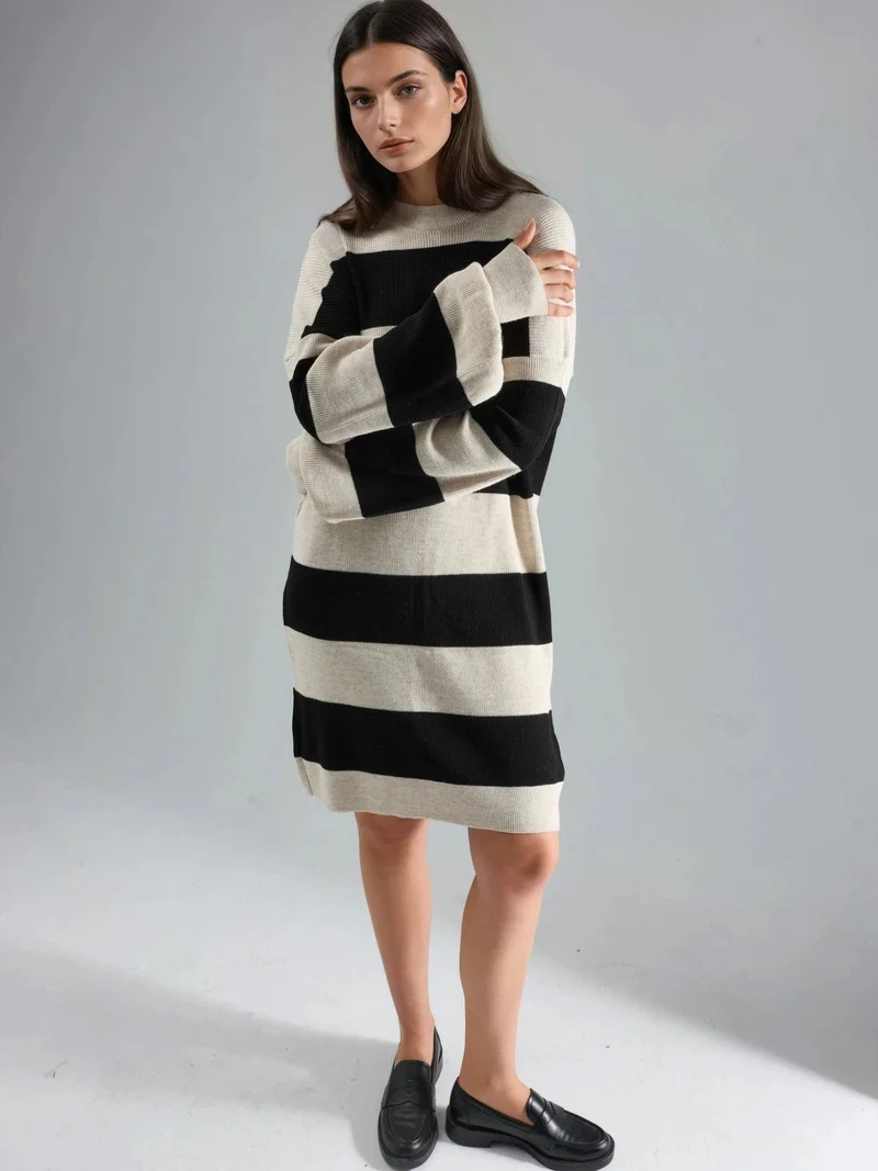 MY FASHION Natural MY FASHION Striped Mini Dress with Crew Neck for Women | Best Price UAE